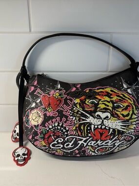 Ed Hardy Skull Hobo Bag with Charm Accents